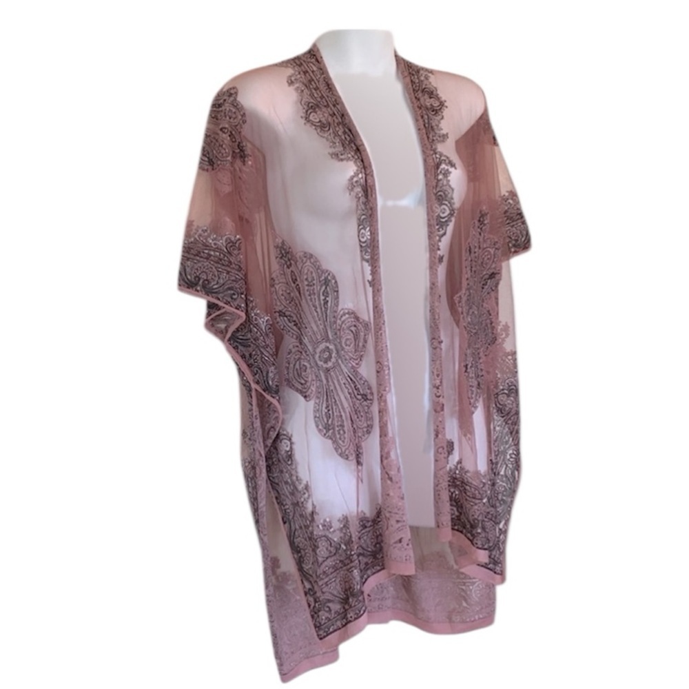 David and Young kimono coverup, women OS  rose lace,  sheer, embroidery. EUC